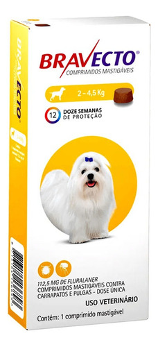 Comprimido mastigável Bravecto Dog 2-4,5 kg Peso máximo do animal de estimação 2 kg Peso mínimo do animal de estimação 4,5 kg