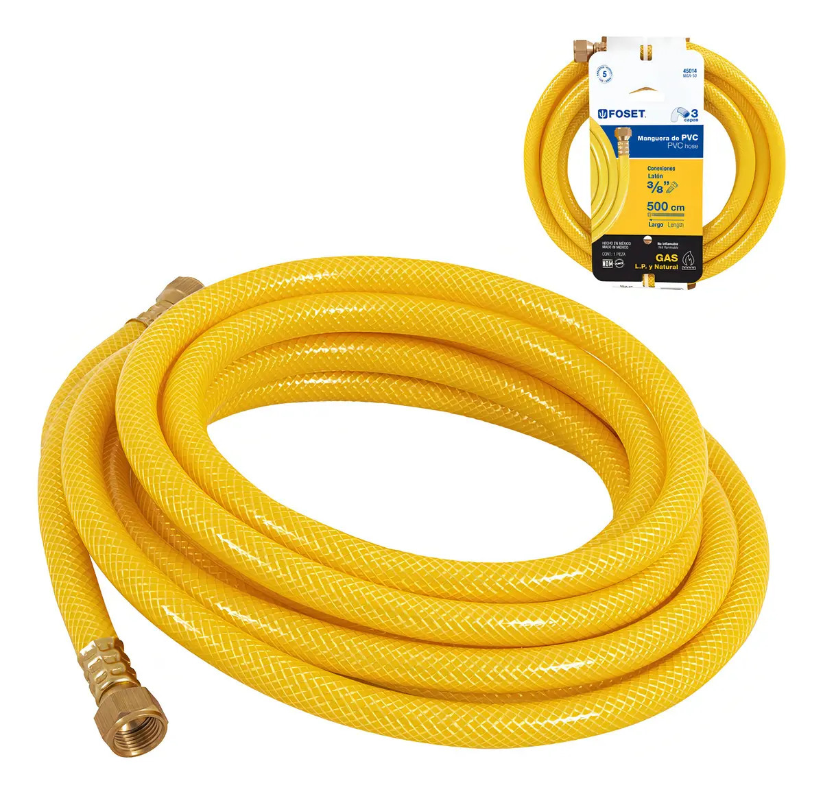 Manguera para Gas de PVC Foset Amarilla, de 5 m, con Conectores de 3/8"