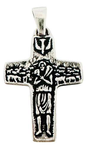 Sg Joyería, Dije Cruz Del Buen Pastor De Plata. Plateado Empavonado