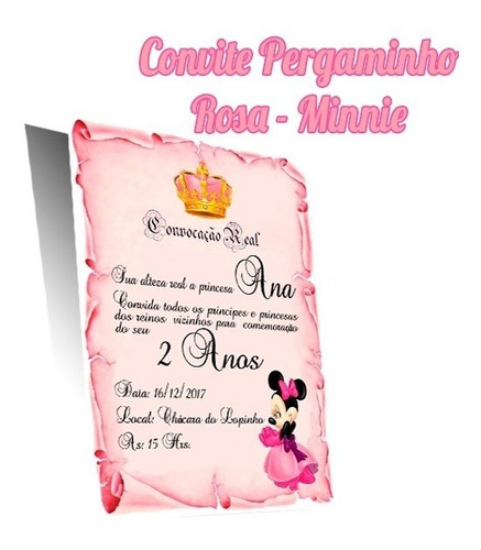 20 Convites Pergaminho Rosa - Minnie