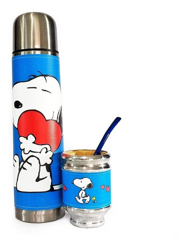 Imagen 1 de 3 de Combo Termo Acero Inoxidable 1 Litro Mate Madera Snoopy