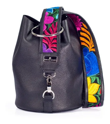 comprar Bolsa Tote De Piel Con Telar Artesanal Bolso Dama Piel Suave Color Negro Diseño de la tela Dolores Telar