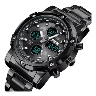 Reloj de pulsera Skmei 1389 de cuerpo color negro, analógico-digital, para hombre, fondo negro, con correa de acero inoxidable color negro, agujas color blanco y gris, dial negro, blanco y gris, subes