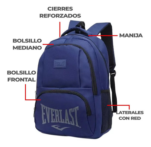 Imagen 3 de 10 de Mochila Everlast Urbana Diaria Negra Azul