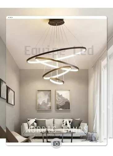 Lustre Pendente Preto 4 Anéis Pe Direito Duplo Led Sala Full 127/220V