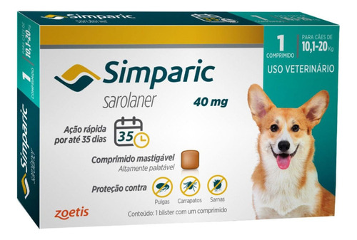 Antipulgas Zoetis Simparic 40 Mg Para Cães 10,1 A 20 Kg