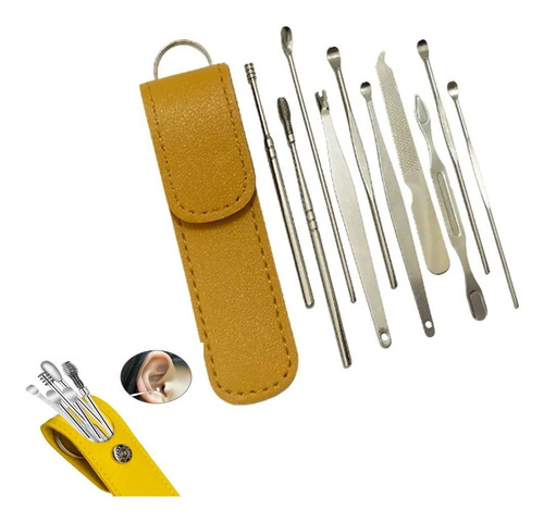 Set Limpiador De Oido Y Uñas Acero Inox Con Estuche 10 Pieza