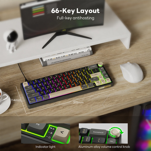 Teclado mecánico español Rk Royal Kludge R65 Phantom 60% Rgb Teclado mecánico retroiluminado con montaje de junta y tapas de teclas Pbt, 66 teclas interruptor crema intercambiable en caliente, negro