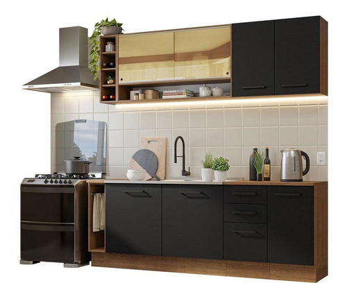 Armário De Cozinha Completa 220cm Rp Agata Da Thêmis Madesa Cor Rustic/Preto