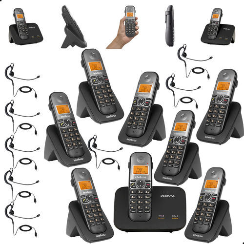 Kit Telefone Fixo Sem Fio 2 Linhas Com 7 Ramal Bina Headset