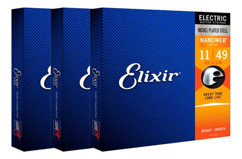 Kit C/ 3 Encordoamento Elixir Nanoweb 11 - 49 Guitarra