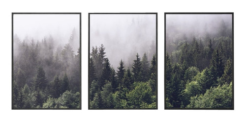 Kit 3 Quadro Arvores Neblina Floresta Sala Lindo Com Moldura Cor KIT171 Cor da armação Preto