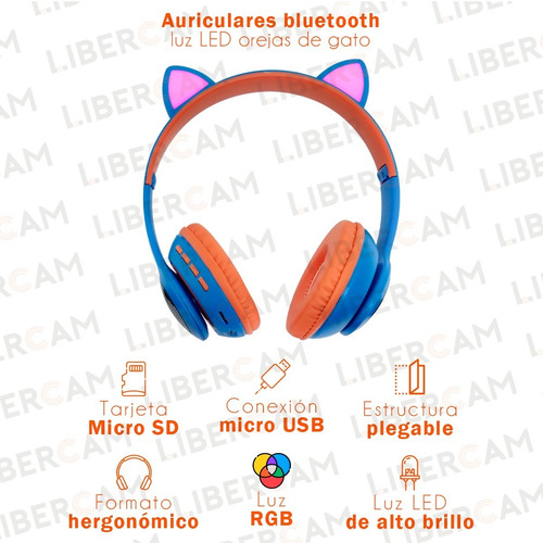 Imagen 3 de 10 de Auriculares Oreja De Gato Gamer Bluetooth Neko Luz Led Usb