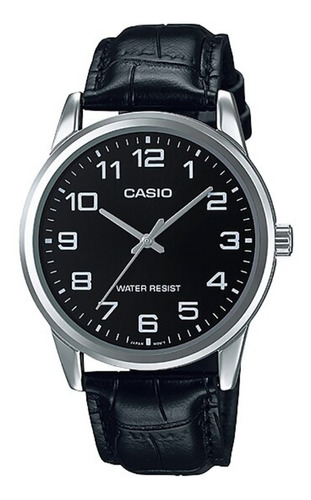 Reloj de pulsera Casio Enticer MTP-V001 de cuerpo color plateado, analógico, para hombre, fondo negro, con correa de cuero color negro, agujas color plateado, dial plateado, minutero/segundero plateado, bisel color plateado y hebilla simple