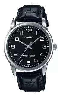 Reloj de pulsera Casio Enticer MTP-V001 de cuerpo color plateado, analógico, para hombre, fondo negro, con correa de cuero color negro, agujas color plateado, dial plateado, minutero/segundero platead