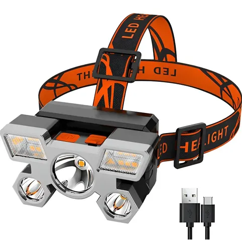 Lanterna de Cabeça YBF Recarregável USB, com 5 Spots e Luz Branco Dourado