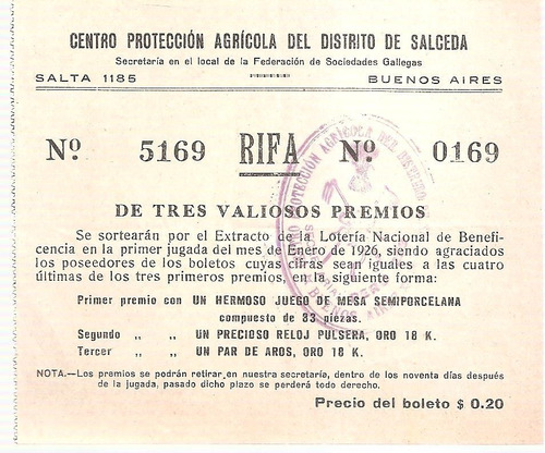 Rifa Ctro Proteccion Agricola Salceda Soc Gallegas Enero1926
