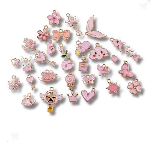 Kit Pingente Em Zamac Resinado Com 30 Peças De Metal Dourado Cor Pingentes Rosa