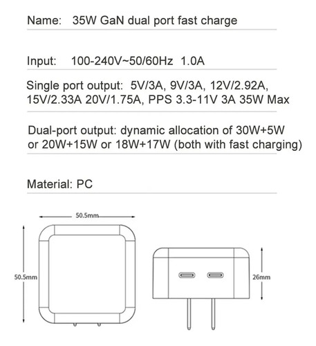 Turbo Cargador 35w Dos Puertos Usb C Cubo Para Apple Android