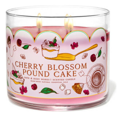 Bath And Body Works - Vela Grande 3 Mechas Color Rosa Pálido Fragancia Cherry Blossom Pound Cake