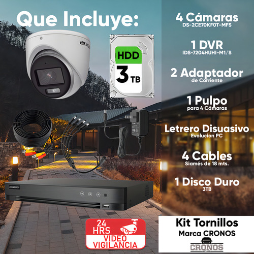 Hikvision Kit De 4 Cámaras De Seguridad Metálicas Con Micrófono Integrado Turret 3k 5mp Imagen A Color 24/7 Exterior Ip67 + Dvr 8mp 4 Canales Turbohd + 4 Canales Ip + 3tb Hdd Ids2ce70kf0t-plus+3tb