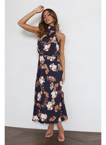 Vestido Estampado Sin Mangas Con Cuello Halter Verano Mujer