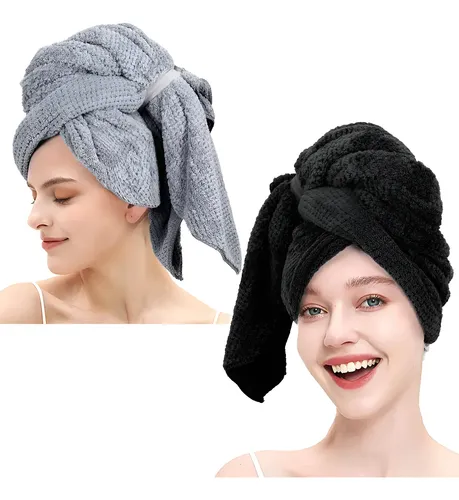 Toallas De Turbante De Microfibra Para El Pelo - Secado Rápido, Con Botón, Para Cabello Largo O Corto (pack De 2, Negro Y Azul)