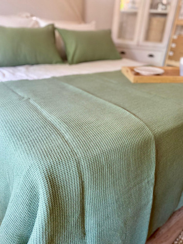 Manta Waffle 100x260 Cm Pie De Cama Manta De Sillón Color Verde Seco