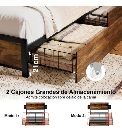 Base Cama Queen Size Con Cajones Y Luces Led Marrón Rústico