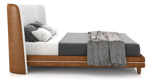 Cama Com Cabeceira Casal Pés Madeira Pu/bouclê Caramelo/offw