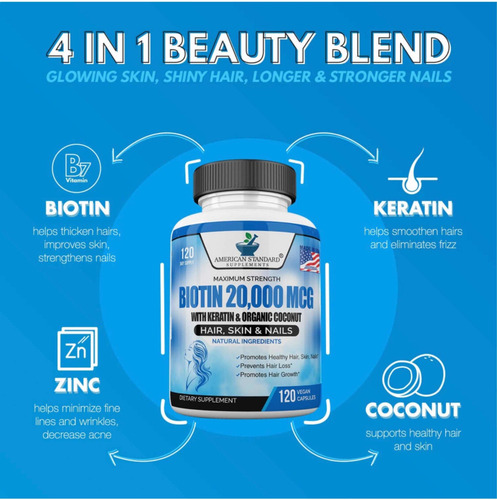 Imagen 4 de 5 de Biotin 20.000mcg Con Keratina, Coco Orgánico Y Zinc Eeuu