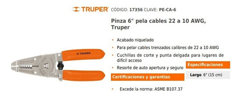 Pinza Pela Cables 6'', 17356 Truper 17356