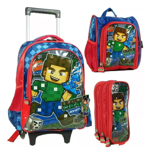 Kit Mochila Escolar Rodinhas Block Game Pequena Reforçada 