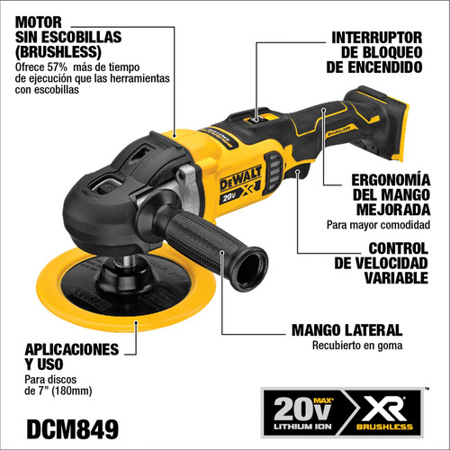 Pulidora Giratoria 20v S/carbones Y S/batería Dewalt Dcm849b