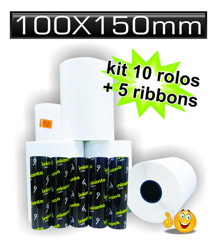 Kit 10 Rolos Etiqueta 10x15 Cm Mercado Envios+5 Ribbons Cera