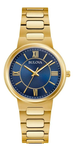 Reloj Bulova Mujer 97l265 Números Romanos Acero Dorado Color del fondo Azul