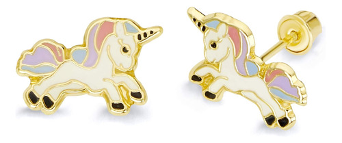 Aretes De Tuerca Con Diseño De Unicornio Esmaltados En Oro
