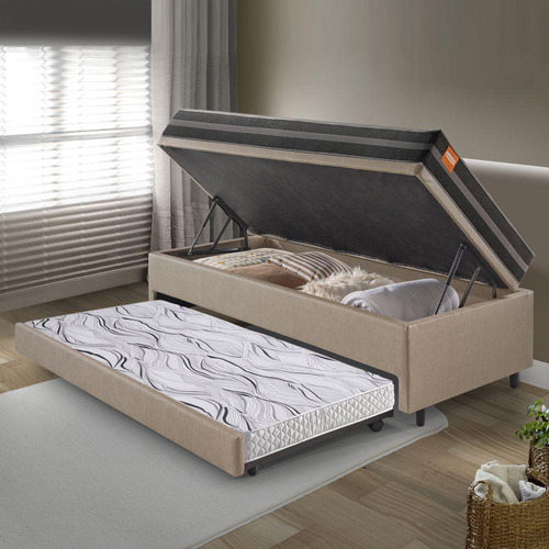 Cama Baú B&g Bicama Box Baú Com Colchão Solteiro Cor Bege Fabricado Em Madeira