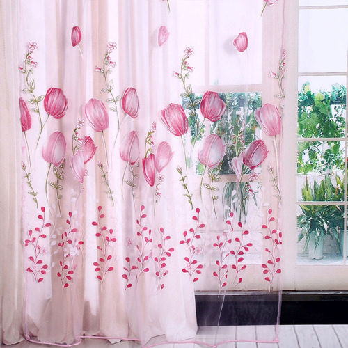 Cortinas De Tul, 100 X 200 Cm, Con Estampado De Tulipanes, C