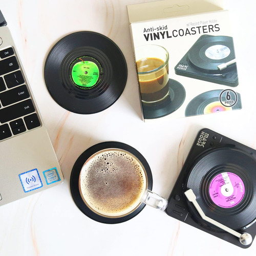 Divertidos Posavasos Retro De Vinilo Para Bebidas Con Soport