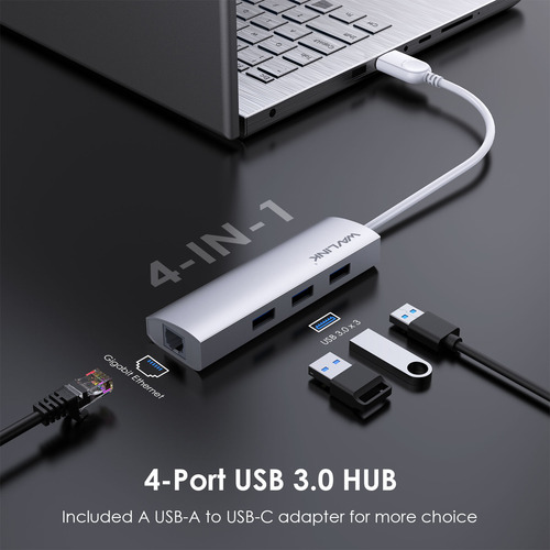 Hub Wavlink Usb 3.0 De 3 Puertos Con Adaptador Gigabit Ether