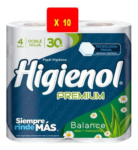 Papel Higiénico Higienol Doble Hoja 30 M X 4 Rollos X 10 Paq