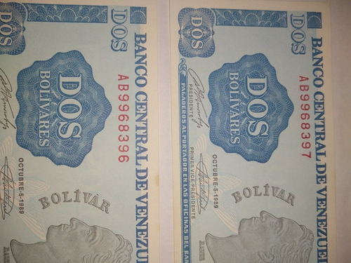 Billetes De 2 Bs Tinoquito Año Octubre 1989, Series Conse..