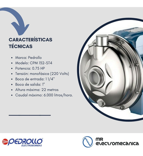 Bomba Centrífuga Bebidas Inoxidable Pedrollo 3/4 Cpm 132 St4