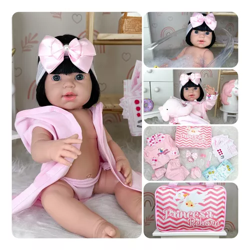 Bebê Reborn Baby Boneca Cabelos Castanhos + Enxoval Completo