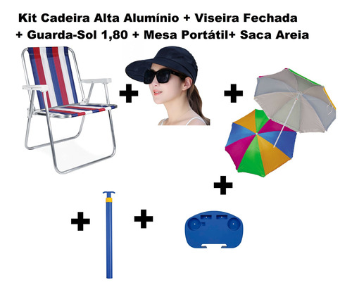 Kit Cadeira Praia Alumínio+ Guarda-sol 1,80+ Saca Areia+ Mes