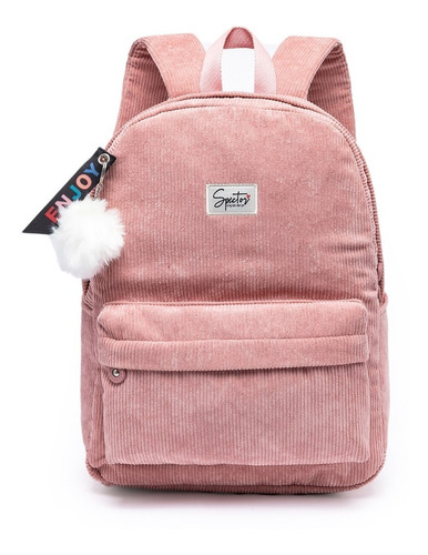 Mochila Feminina Casual Com Chaveiro Pelinho Spector Cor Rosa Desenho do tecido Liso