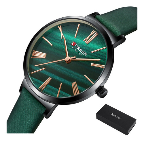 Reloj de pulsera Curren Esportivo 9076 de cuerpo color negro, analógico, para mujer, con correa de cuero color verde y hebilla simple