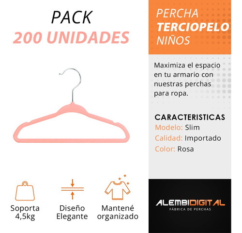 Pack 200 Percha Felpa Terciopelo Rosa Antideslizantes Niños
