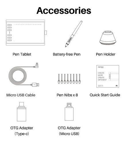Mesa digitalizadora Huion H1060p con guantes, OTG y 8 puntas, color negro